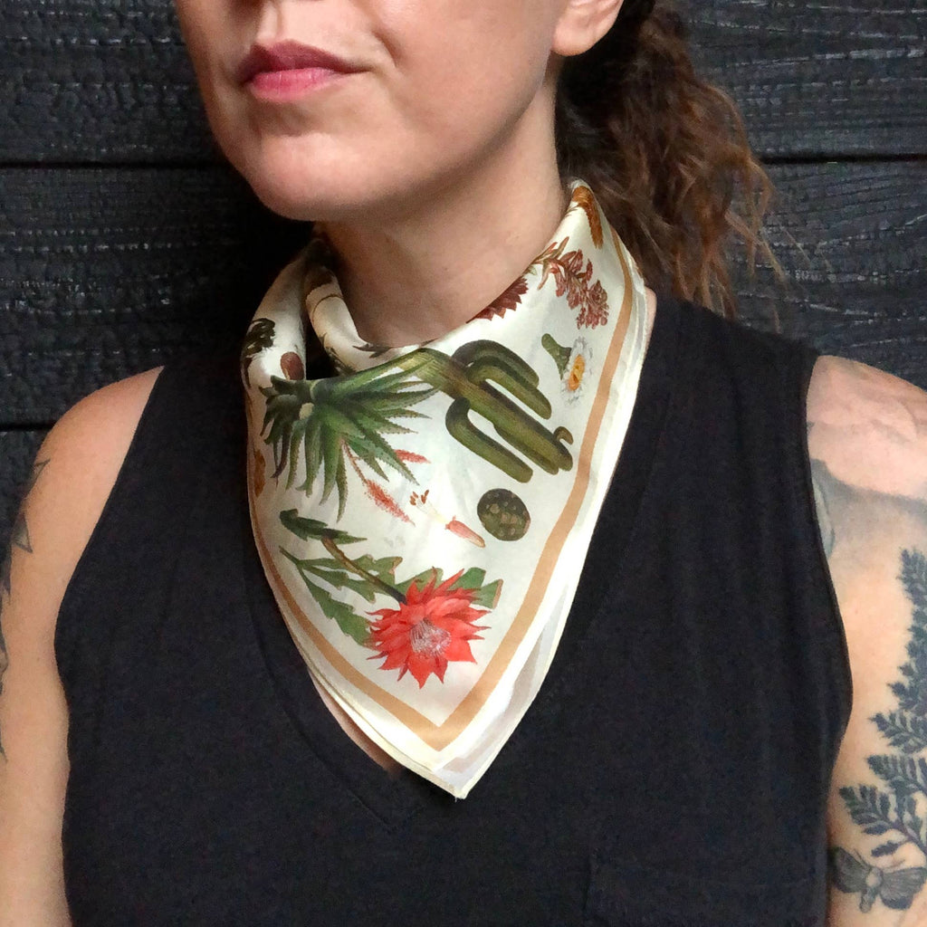 100% Silk Scarf Botanical Cactus Summer Bandana Tapestry: 17" x 17"
