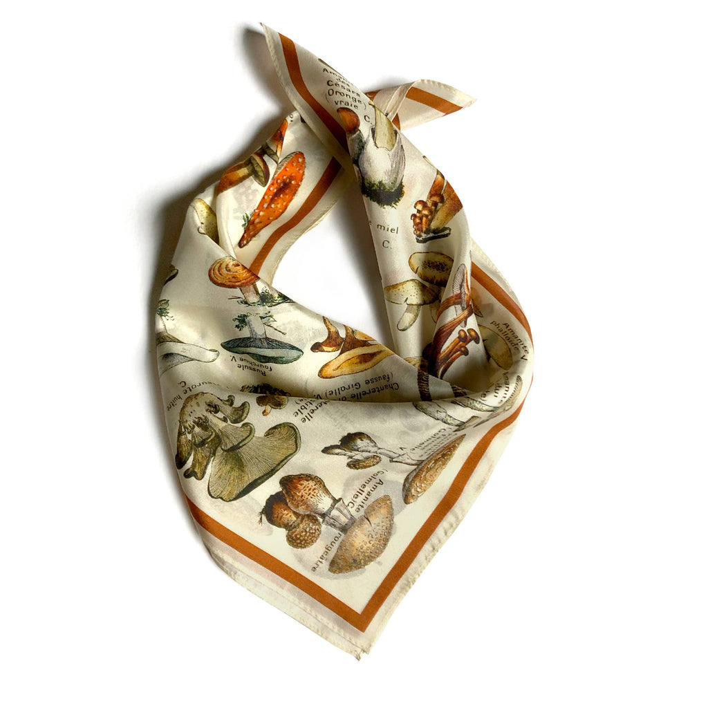 100% Silk Scarf Vintage Mushroom Bandana Tapestry: 17" x 17"