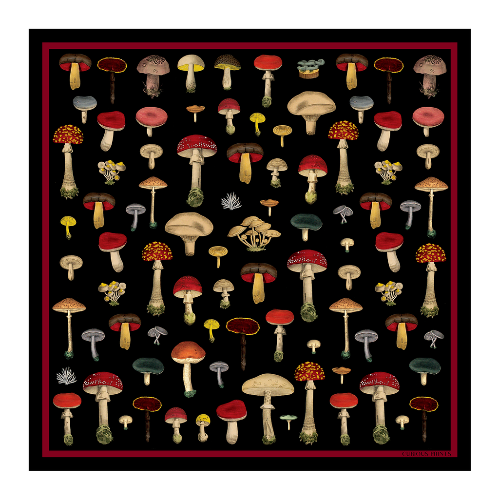 100% Silk Scarf Vintage Black Mushroom Bandana 17x17
