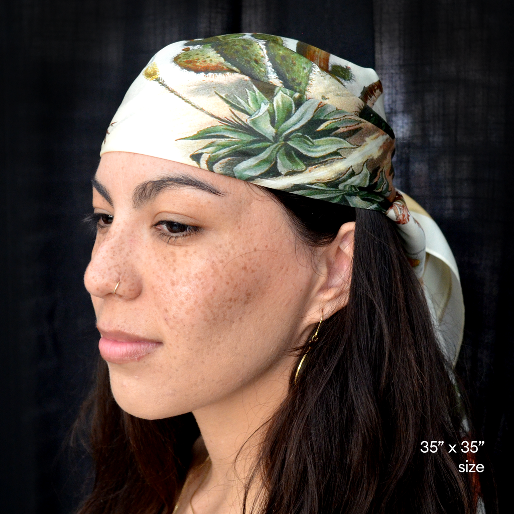 100% Silk Scarf Botanical Cactus Summer Bandana Tapestry: 17" x 17"