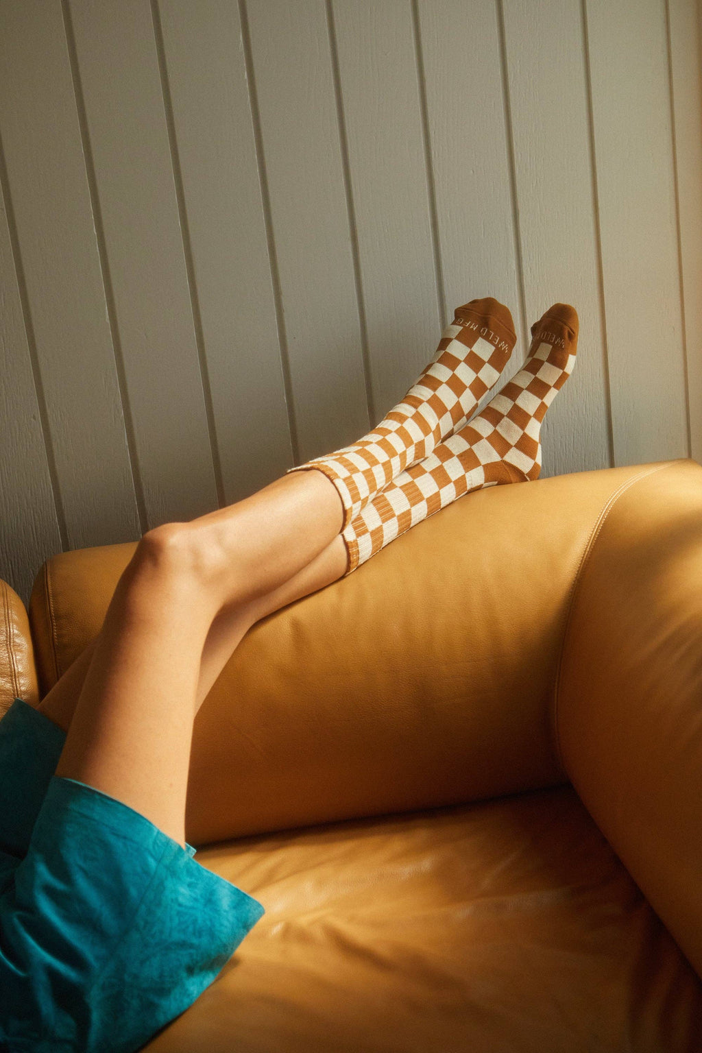 Checkerboard Crew Socks: Slate & Cream