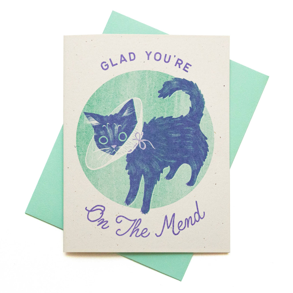 Glad You're On The Mend Cat - Risograph Get Well Card