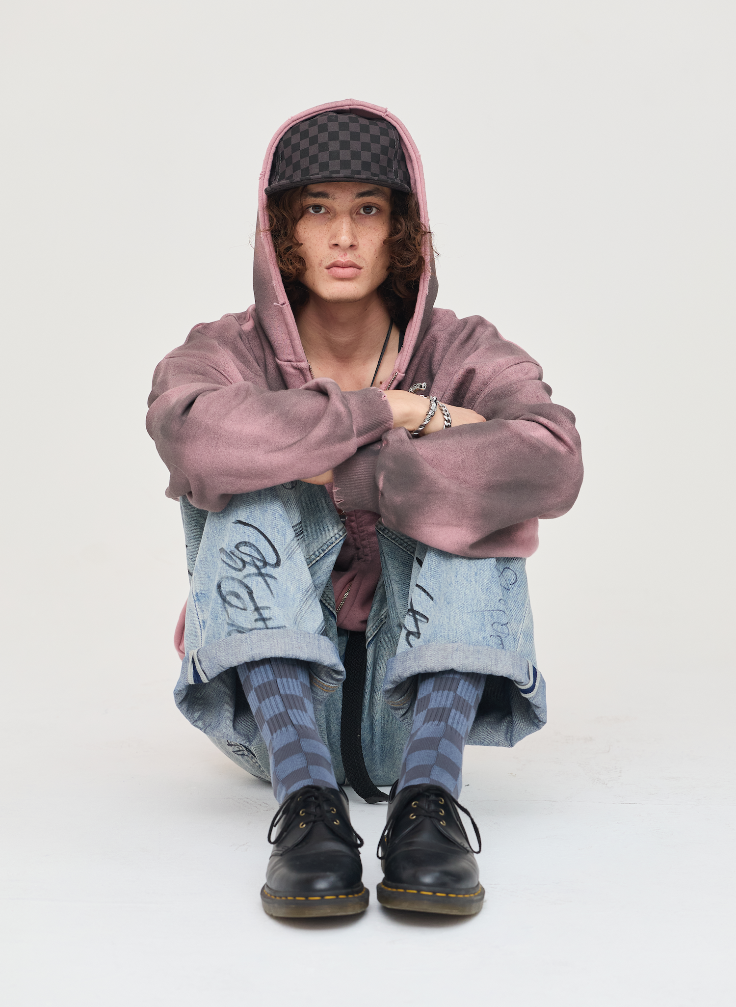 Tonal Checkerboard Crew Socks: Rust