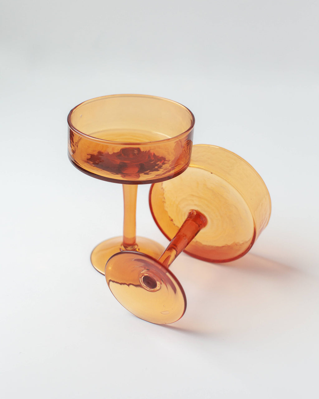 Handblown Hammered Coupe Cocktail Glass Pair: Amber
