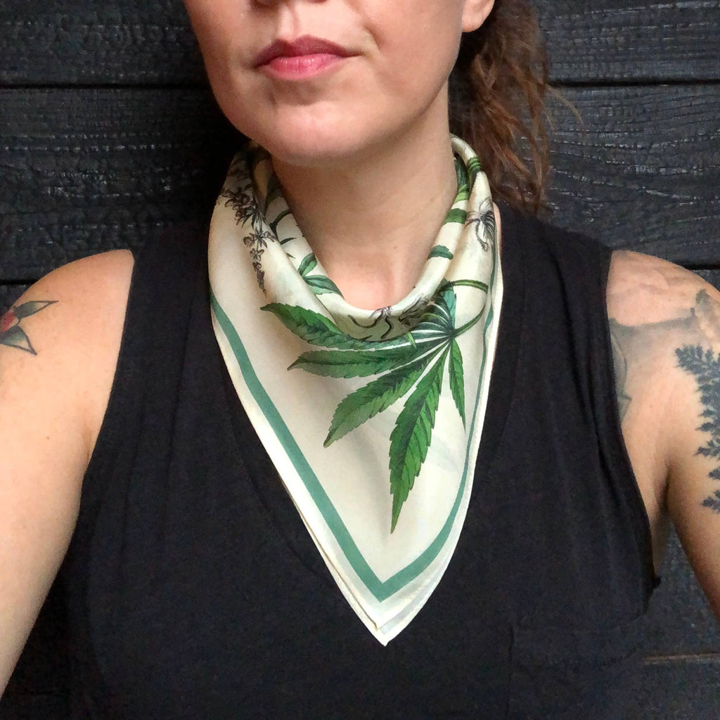 100% Silk Scarf Botanical Marijuana Cannabis Bandana 17x17
