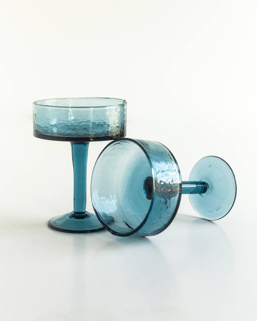 Handblown Hammered Coupe Cocktail Glass Pair: Clear