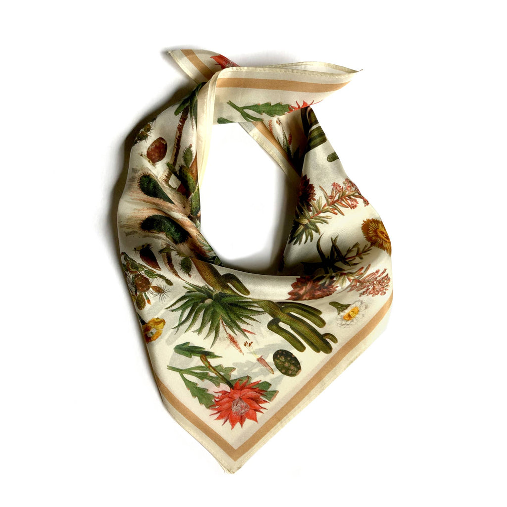 100% Silk Scarf Botanical Cactus Summer Bandana Tapestry: 17" x 17"