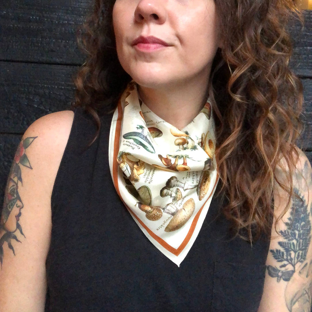 100% Silk Scarf Vintage Mushroom Bandana Tapestry: 17" x 17"