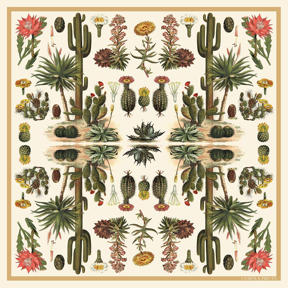 100% Silk Scarf Botanical Cactus Summer Bandana Tapestry: 17" x 17"