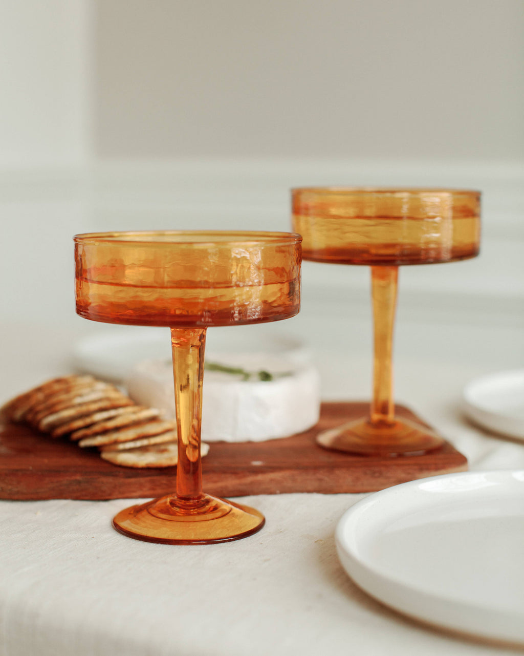 Handblown Hammered Coupe Cocktail Glass Pair: Clear
